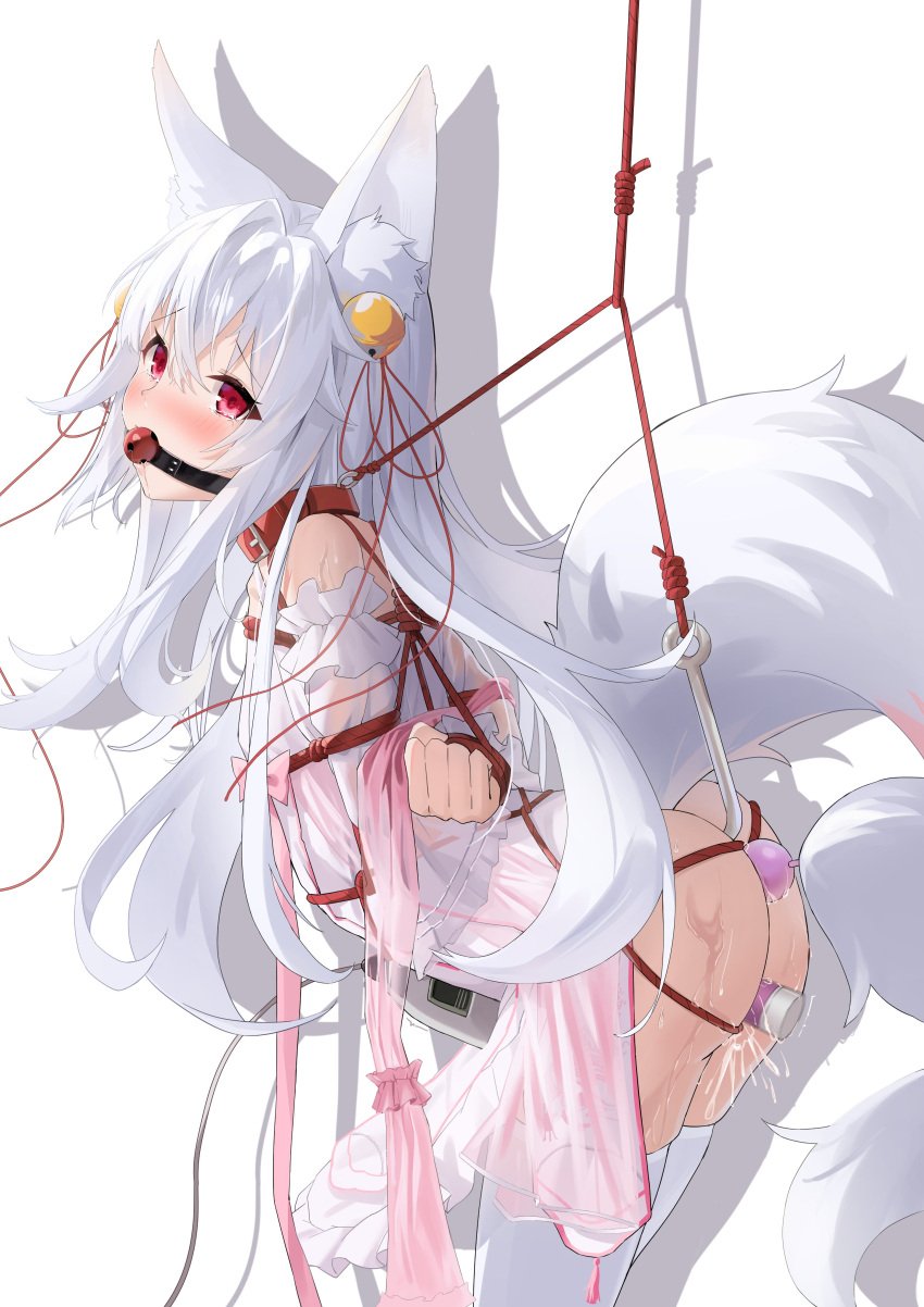 absurdres animal_ears arms_behind_back blush bondage bondage bound bound_wrists crying crying_with_eyes_open dress fengxue fox_ears fox_girl fox_tail hair_between_eyes highres long_hair object_insertion original pink_dress pussy_juice red_eyes sex_toy simple_background tail tears thighhighs vaginal_object_insertion vaginal_penetration very_long_hair vibrator white_dress white_tail white_thighhighs