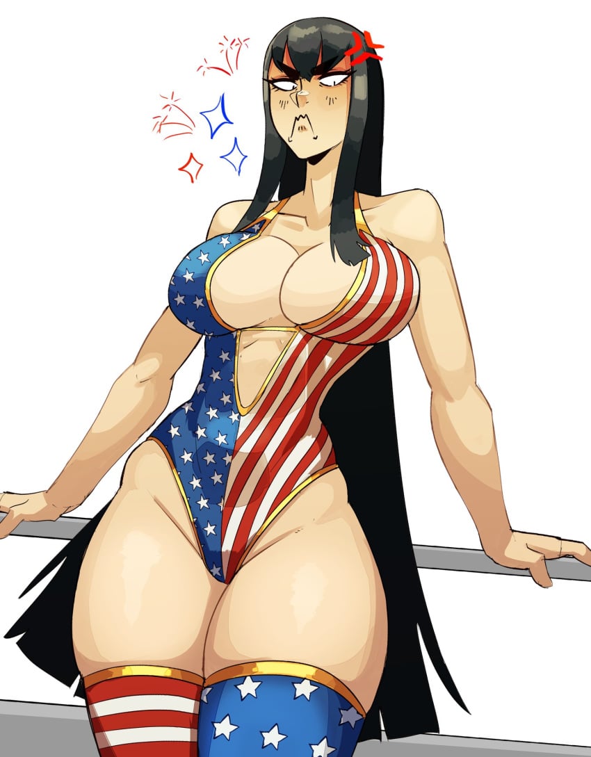 1girls 4th_of_july american_flag_bikini american_flag_legwear annoyed annoyed_expression artist_request big_breasts bikini black_hair bottom_heavy bottomwear embarrassed female female_focus female_only huge_breasts independence_day kill_la_kill kiryuuin_satsuki large_breasts light-skinned_female light_skin long_hair looking_at_viewer looking_down one-piece_bikini one-piece_swimsuit one_piece_swimsuit posing simple_background solo solo_female solo_focus stockings thick_thighs thighhighs thunder_thighs tight_clothing top_heavy voluptuous voluptuous_female wide_hips