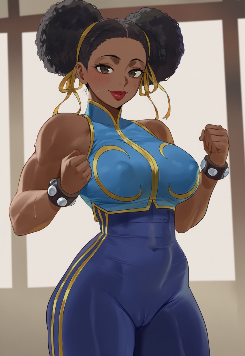 afro afro_puffs ai_generated alternate_color black_eyes black_hair blush cameltoe chun-li covered_nipples dojo jagat_ai leggings muscular_female red_lips solo solo_female street_fighter sweat thick_lips tight_clothing toned_female