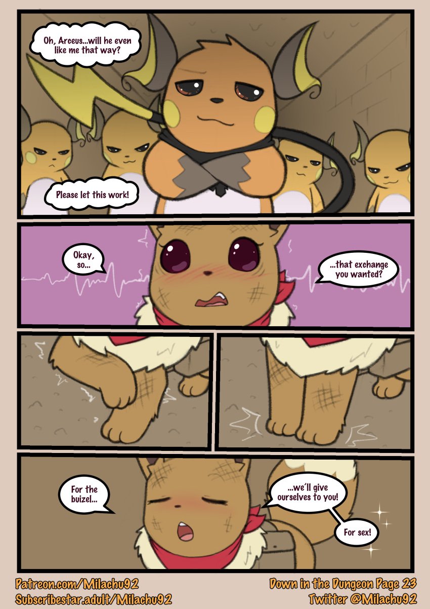 absurd_res blush comic dialogue eevee english_text generation_1_pokemon heartbeat hi_res kerchief long_tail looking_at_viewer luna_(pathwarden) milachu92 neckerchief neckwear nervous nintendo offering_sex pokemon pokemon_(species) pokemon_mystery_dungeon raichu satchel scuff_marks spike_chunsoft tail text