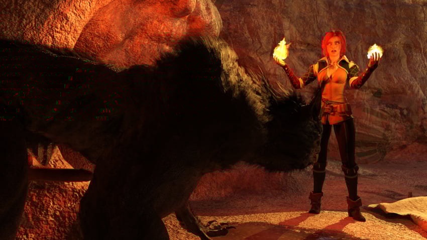 16:9 anthro barelymediocr3d canid canine clothed clothing duo elemental_manipulation female fire fire_manipulation genitals hair hi_res human knot knotted_penis magic male mammal mythological_canine mythological_creature mythology penis red_hair the_witcher triss_merigold werecanid werecanine werecreature werewolf widescreen