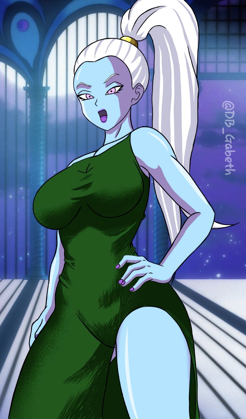 blue_skin dragon_ball dragon_ball_super dress ponytail vados white_hair