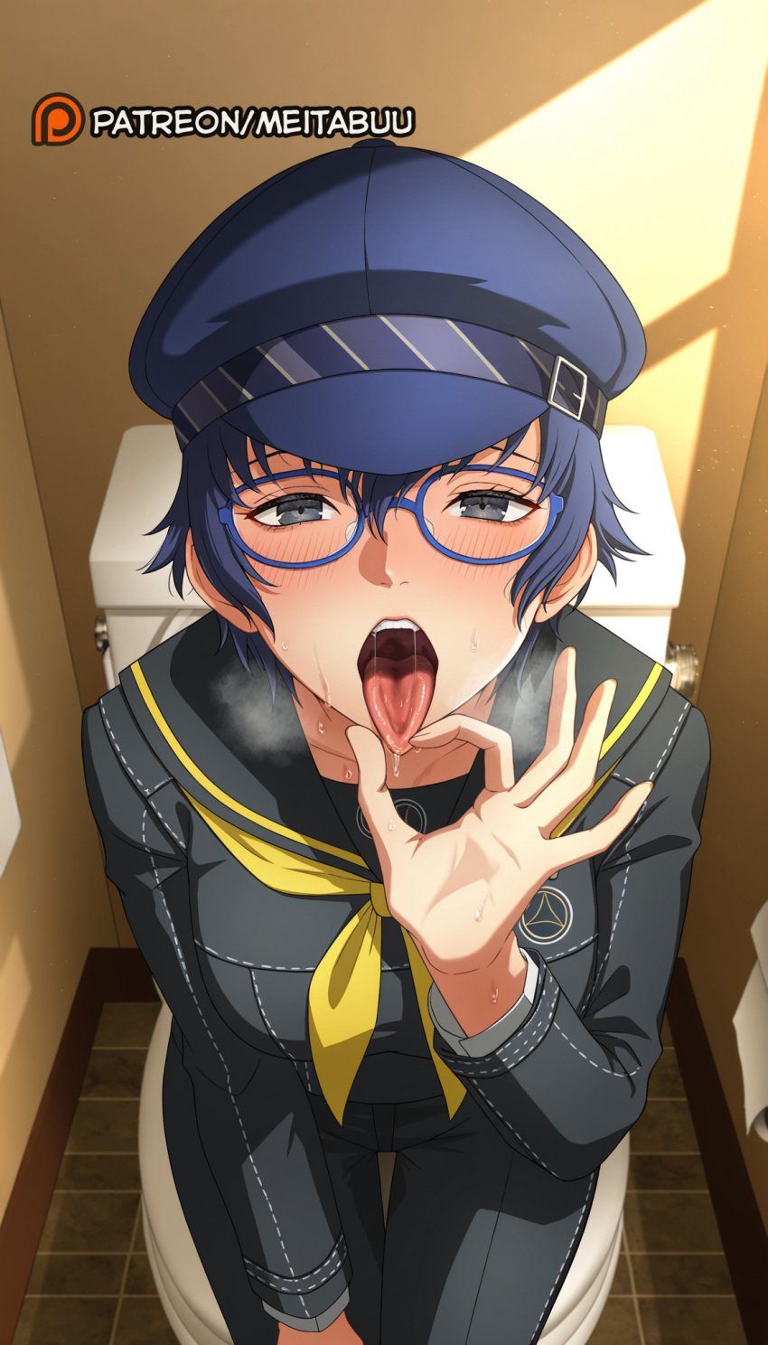 ai_generated bathroom black_pants black_sailor_collar blue-framed_eyewear blue_eyes blue_hair blue_headwear blush breasts cabbie_hat fellatio_gesture female from_above glasses grey_eyes hair_between_eyes hat indoors long_sleeves looking_at_viewer meitabuu neckerchief open_mouth oral_invitation pants persona persona_4 sailor_collar saliva school_uniform serafuku sexually_suggestive shirogane_naoto short_hair sitting solo sweat teeth toilet toilet_stall tongue tongue_out upper_teeth_only uvula yasogami_school_uniform yellow_neckerchief