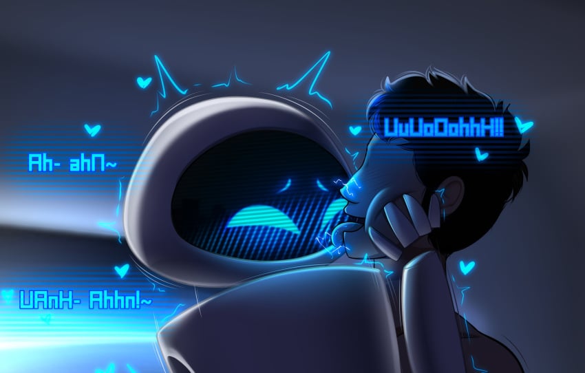 2025 4_fingers ambiguous_gender black_hair blue_eyebrows blue_eyes blue_text blush blush_lines dibujito disney duo english_text eve_(wall-e) extraterrestrial_vegetation_evaluator eyebrows eyeless face_grab face_lick female_(lore) fingers hair heart_symbol hearts_around_head hi_res human inside interspecies licking light lighting looking_pleasured machine male male/ambiguous male_human mammal moan not_furry offscreen_sex pixar robot saliva_on_face screen screen_face shaded short_hair text tongue tongue_out wall-e white_body