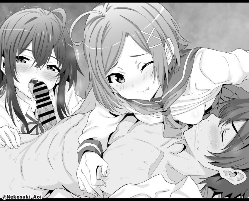 1boy 2girls ahoge bar_censor blush breastfeeding breasts brother_and_sister brother_and_sister_threesome censored closed_eyes clothed_female_nude_male collared_shirt commentary_request commission erection fellatio female ffm_threesome greyscale group_sex hair_ornament highres hikigaya_hachiman hikigaya_komachi incest lactation long_hair looking_at_another looking_at_viewer lying male monochrome multiple_girls nekosaki nipple_stimulation nude oerba_yun_fang on_back one_eye_closed open_mouth oral penis pixiv_commission sailor_collar shirt short_hair siblings small_breasts threesome twitter_username wince x_hair_ornament yahari_ore_no_seishun_lovecome_wa_machigatteiru. yukinoshita_yukino