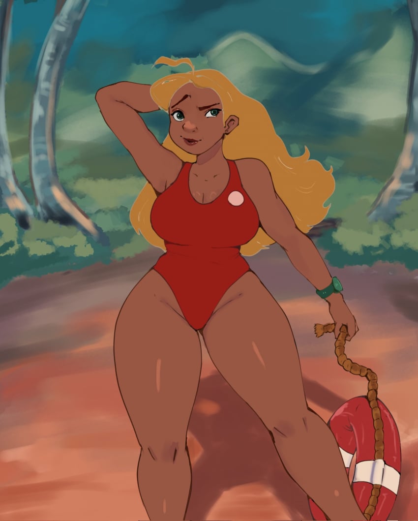 1girls big_breasts blonde_hair busty disney kashink7 legs lifeguard lifeguard_(lilo_and_stitch) lifeguard_swimsuit lilo_and_stitch one-piece_swimsuit swimsuit tan_skin tan_skinned_female thick_thighs thighs