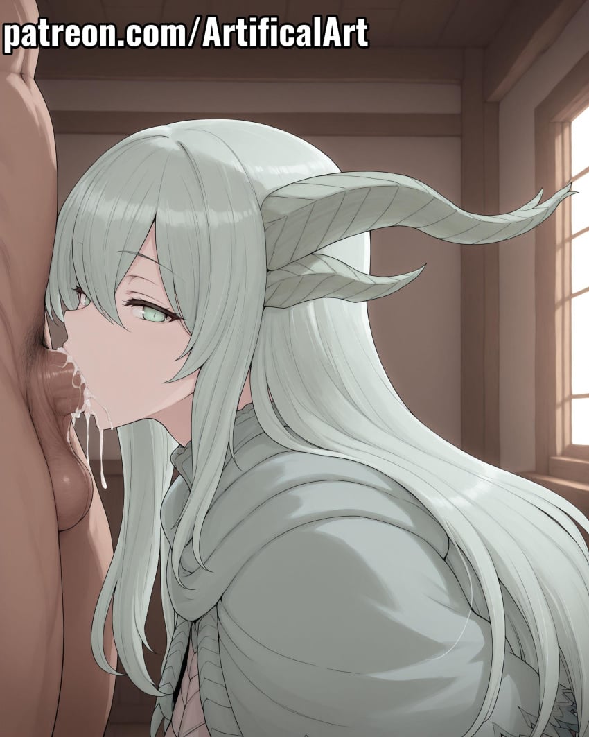 1boy 1girls ai_generated artifical_art balls big_breasts blowjob blowjob_face blush cum cum_in_mouth cum_in_pussy cum_inside cum_inside_mouth dragon_girl female grey_hair horns light-skinned_female light_skin long_hair male oral oral_creampie oral_penetration oral_sex paarthurnax penis penis_in_mouth perfect_body sex skyrim sucking sucking_penis the_elder_scrolls white_eyes white_hair