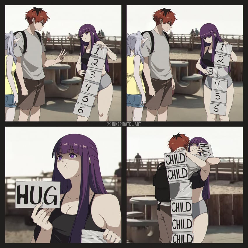 4_panel_comic fern_(sousou_no_frieren) frieren frieren_beyond_journey's_end hug humor meme midriff pouting purple_hair red_hair short_shorts shorts stark_(sousou_no_frieren)