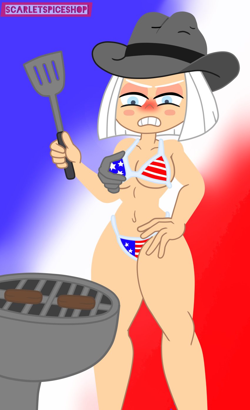 1girls 4th_of_july american_flag_bikini annoyed bikini blush camp_camp female fit_female grilling groping scarletspiceshop signature text vera_(camp_camp) white_hair