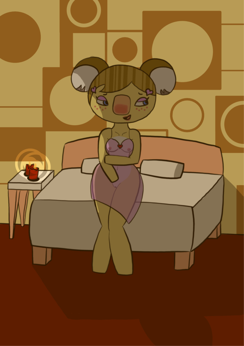 alice_(animal_crossing) animal_crossing bed breasts brokenrekordbro burning_candles candles clothing featureless_feet featureless_hands female heart koala lingerie mammal marsupial nightgown nintendo nipples pussy red_candles translucent transparent_clothing video_games year_request