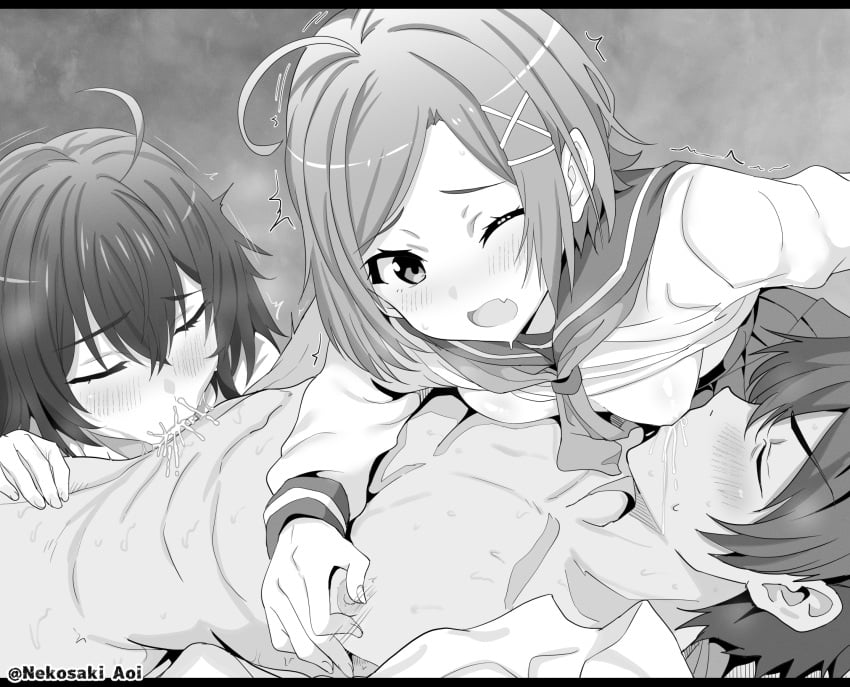 1boy 2girls ahoge blush breastfeeding breasts brother_and_sister brother_and_sister_threesome closed_eyes clothed_female_nude_male collared_shirt commentary_request commission cum cum_in_mouth cum_in_nose cum_overflow deepthroat ejaculation fellatio female ffm_threesome greyscale group_sex hair_ornament highres hikigaya_hachiman hikigaya_komachi incest lactation long_hair looking_at_another looking_at_viewer lying male monochrome multiple_girls nekosaki nipple_stimulation nude oerba_yun_fang on_back one_eye_closed oral pixiv_commission sailor_collar shirt short_hair siblings small_breasts threesome twitter_username wince x_hair_ornament yahari_ore_no_seishun_lovecome_wa_machigatteiru. yukinoshita_yukino