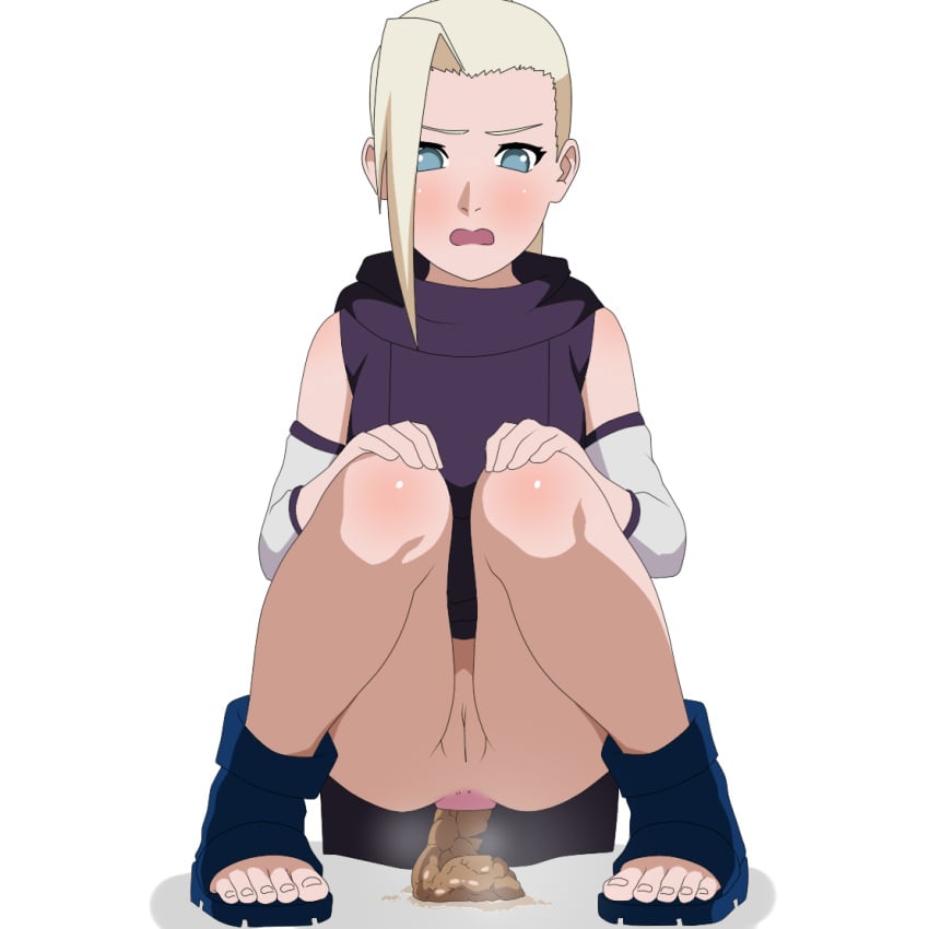 1girls anus blonde_hair blue_eyes blush clothing female ino_yamanaka naruto open_mouth pussy scat shirt shitting simple_background squatting teenage_girl toes