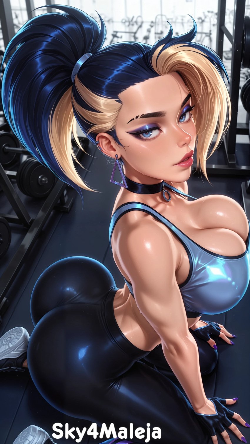 ai_generated akali ass ass big_ass big_breasts cleavage gym gym_uniform k/da_akali k/da_all_out_series k/da_series kneeling large_breasts league_of_legends leggings riot_games sexually_suggestive sky4maleja sports_bra