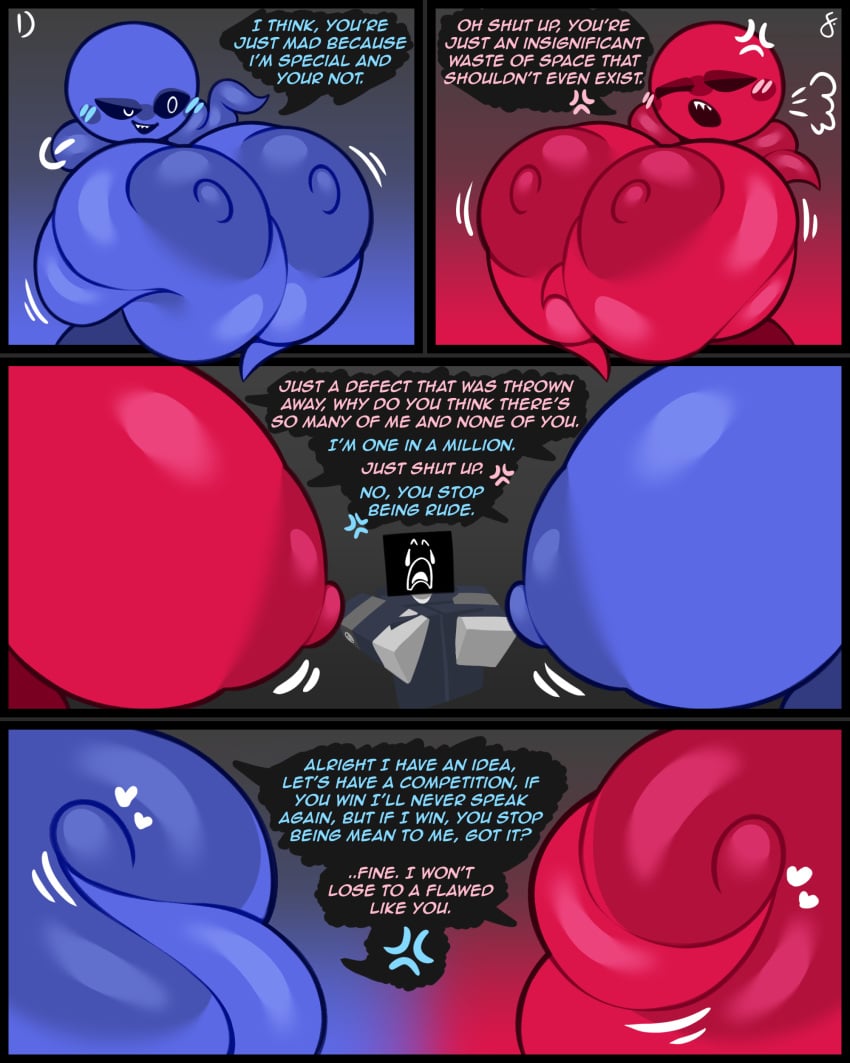 2025 2d 2girls 2girls1boy 4random_user_(artist) annoyed annoyed_expression artist_upload big_areola blue_body blue_skin blush blush blush_lines breast_grab breast_squeeze breasts breasts_bigger_than_head breasts_out comic crying crying_with_eyes_closed female female/female female_focus female_only gradient_background grey_background heart heart_symbol huge_breasts imaginary_friend_(pressure) looking_at_another nipple_fondling no_eyes not_so_imaginary_friend_(pressure) pressure_(roblox) red_body red_skin roblox roblox_game tagme tentacle tentacle tentacle_breast_grab text text_bubble white_eyes