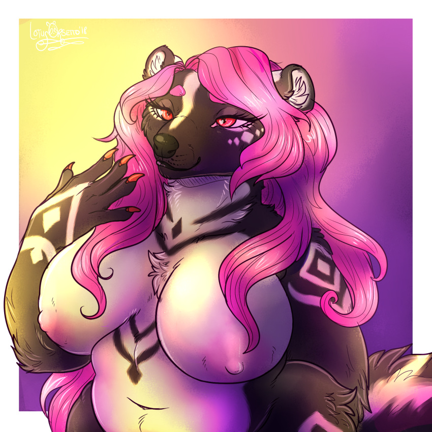 anthro big_breasts breasts claws digital_media_(artwork) female fur hair hi_res lotusaur mammal mustelid nipples pink_hair skunk slightly_chubby solo voluptuous