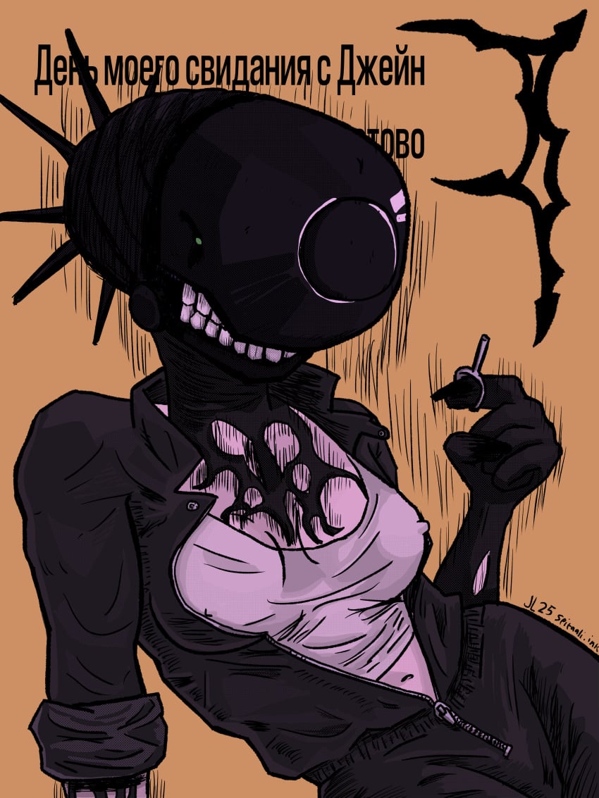 1girls black_hair bomb_devil breasts breasts chainsaw_man choker cleavage female jumpsuit piercing reze_(chainsaw_man) tribal