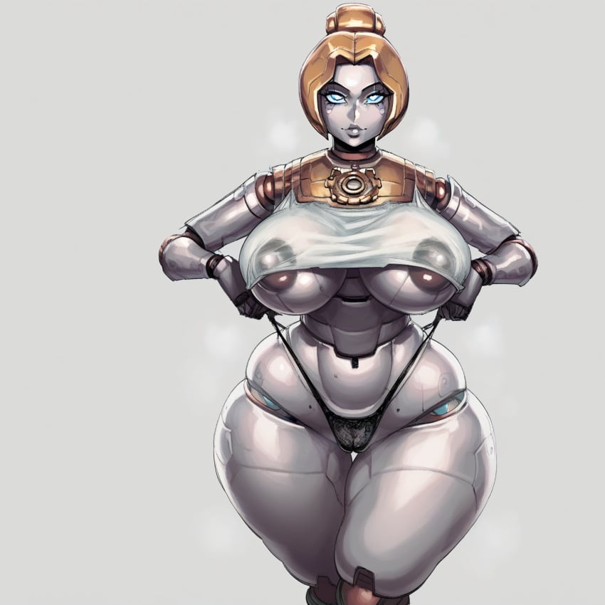 1girls ai_generated blonde_hair blue_eyes cameltoe dark_nipples doll_joints lace league_of_legends looking_at_viewer orianna panty_pull plump_lips riot_games robot robot_girl see-through_clothing simple_background solo_female stable_diffusion thick_thighs thong wide_hips