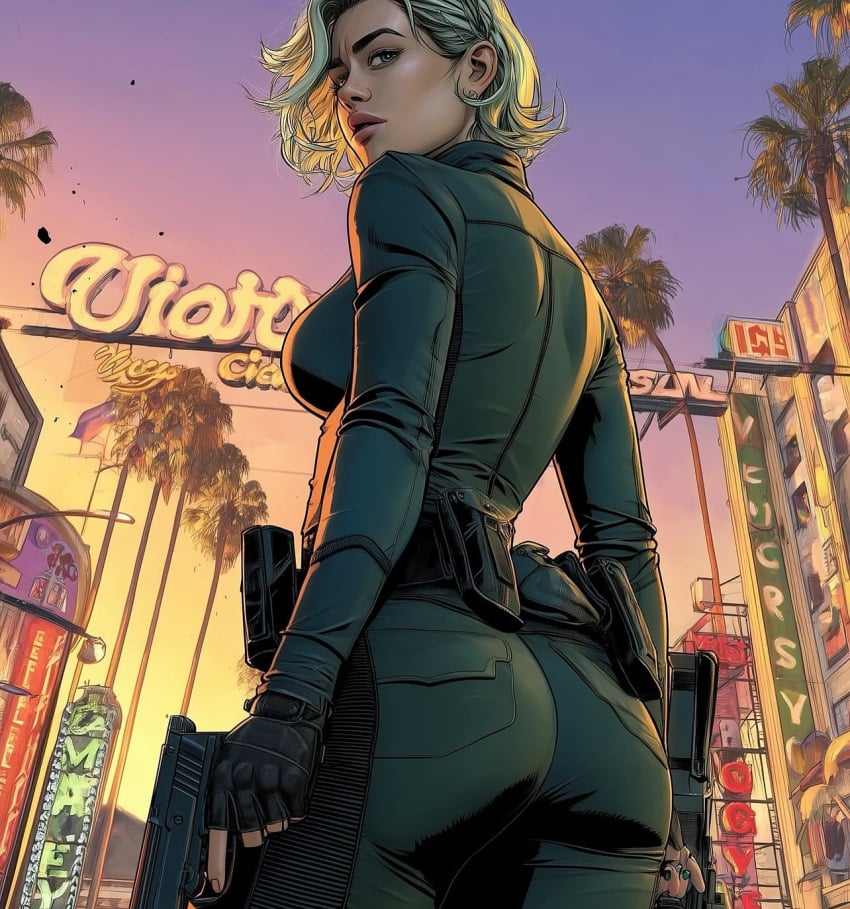 2d 2d_(artwork) ai_generated ass ass_focus black_widow_(marvel) clothed clothed_female clothing florence_pugh huge_ass looking_back marvel marvel_cinematic_universe thunderbolts yelena_belova