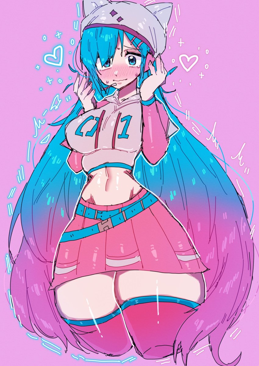 belt big_breasts blue_eyes blue_hair embarrassed feet_up hat hatsune_miku headphone heart huge_breasts huge_thighs long_hair navel pink_background pink_hair skirt thighs vocaloid