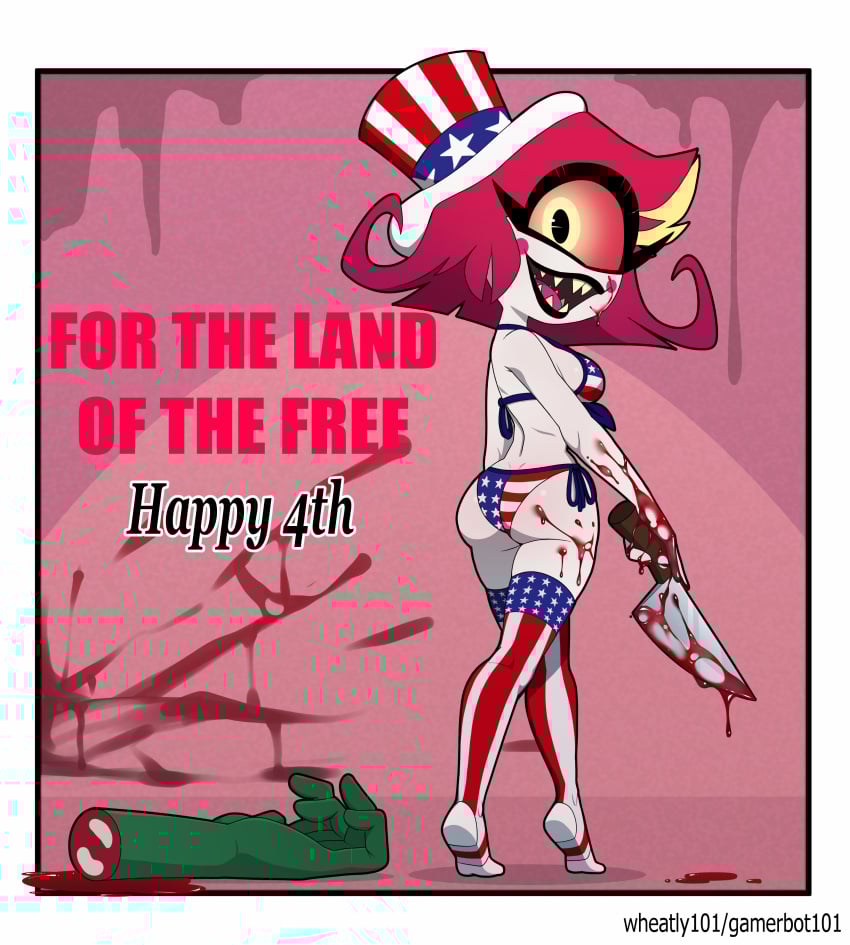 american_flag_bikini ass fourth_of_july hazbin_hotel knife niffty one_eye red_hair tagme wheatly101