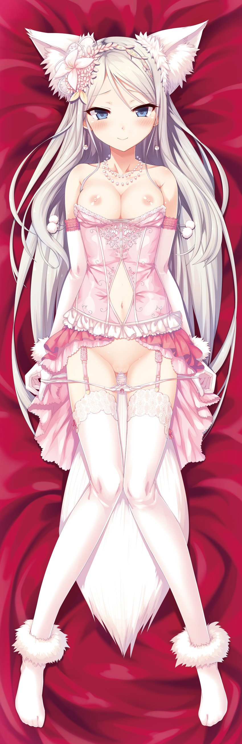 1girls absurdres animal_ears bangs blue_eyes blush bow bow_panties breasts closed_mouth collarbone cura dakimakura earrings elbow_gloves enty_reward eyebrows_visible_through_hair flower full_body garter_straps gloves hair_flower hair_ornament highres houshou_kisaki jewelry long_hair looking_at_viewer lying maitetsu medium_breasts navel navel_cutout necklace nipples no_shoes on_back paid_reward panties panty_pull pearl_necklace pink_flower pink_shirt pom_pom_(clothes) pulled_by_self pussy pussy_juice shirt silver_hair smile solo strapless tail thighhighs underwear very_long_hair white_gloves white_legwear white_panties wolf_ears wolf_girl wolf_tail