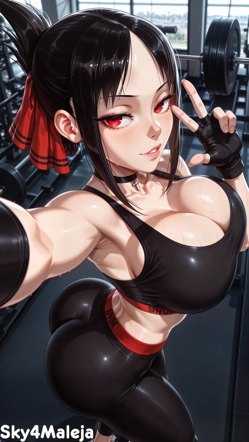 1girls ai_generated ass big_ass big_breasts choker cleavage gym gym_uniform huge_ass kaguya-sama_wa_kokurasetai_~tensai-tachi_no_renai_zunousen~ large_breasts leggings looking_at_viewer seductive selfie sexual_barrier_device sexually_suggestive shinomiya_kaguya sky4maleja sports_bra thick_thighs
