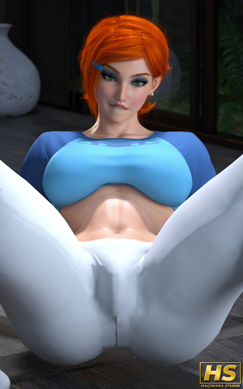 1girls 3d aged_up ben_10 breasts cartoon_network cleavage curvy digital_media_(artwork) female female_only ginger ginger_hair green_eyes gwen_tennyson hagiwara_studio huge_ass huge_breasts orange_hair realistic red_hair short_hair solo thick_lips voluptuous wide_hips