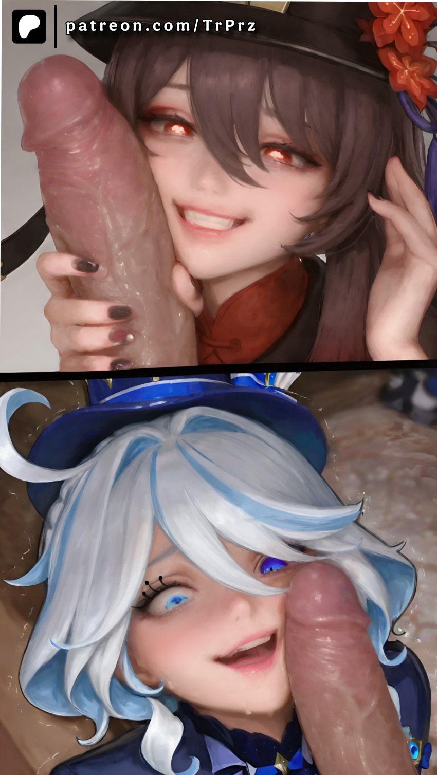 2girls ai_generated big_penis brown_hair clothed_female_nude_male female_focus furina_(genshin_impact) genshin_impact hat holding_penis hu_tao_(genshin_impact) multiple_views naughty_face penis penis_awe penis_on_face teeth trembling trugprz white_hair