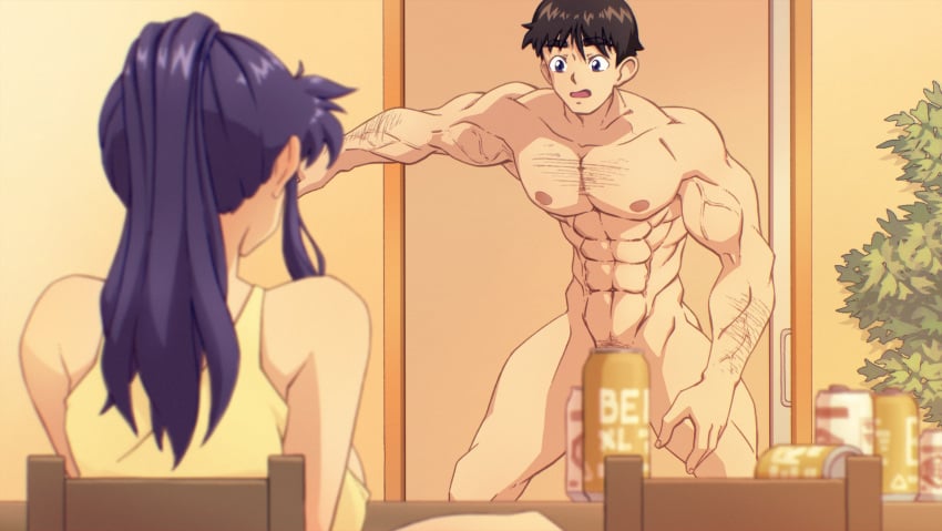 1boy 1girls abs alternate_body_type alternate_version_available arm_hair beer_can beer_cans black_eyes brown_hair chair chest_hair clothed clothed_female clothing female light-skinned_female light-skinned_male light_skin light_skinned_female light_skinned_male living_room male misato_katsuragi muscle_vein muscle_veins muscular muscular_arms muscular_legs muscular_male n647 neon_genesis_evangelion nipples nude nude_male ponytail purple_hair shinji_ikari short_hair sitting sitting_on_chair six_pack tank_top vein veins yellow_tank_top