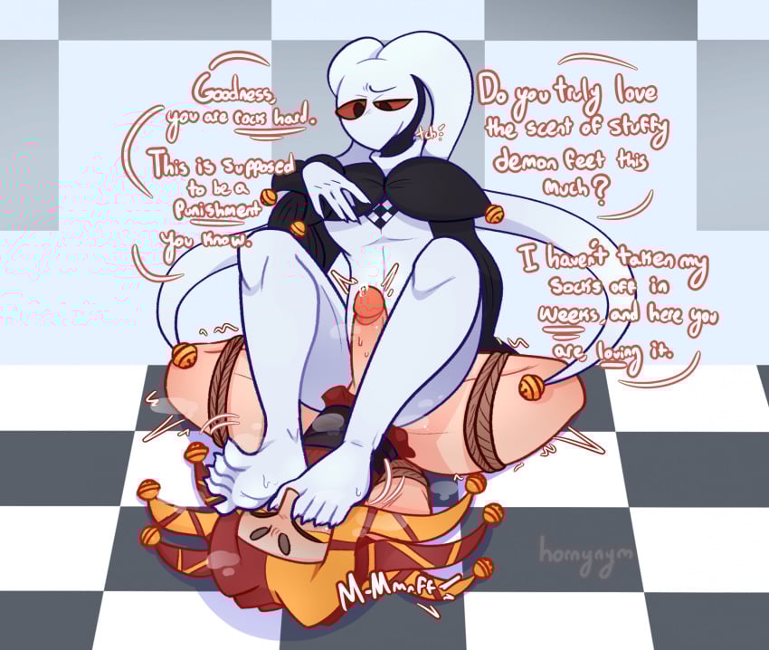 2boys artist_name barefoot bondage bound checkered_background checkered_floor chess_(hornynym) colored_sclera commentary demon english_commentary erection feet foot_on_another&#039;s_face forced highres hornynym humiliation jester male multiple_boys non-human original penis precum red_sclera rope smell smelling smelling_feet sweat toony_face trembling twitching_penis yaoi
