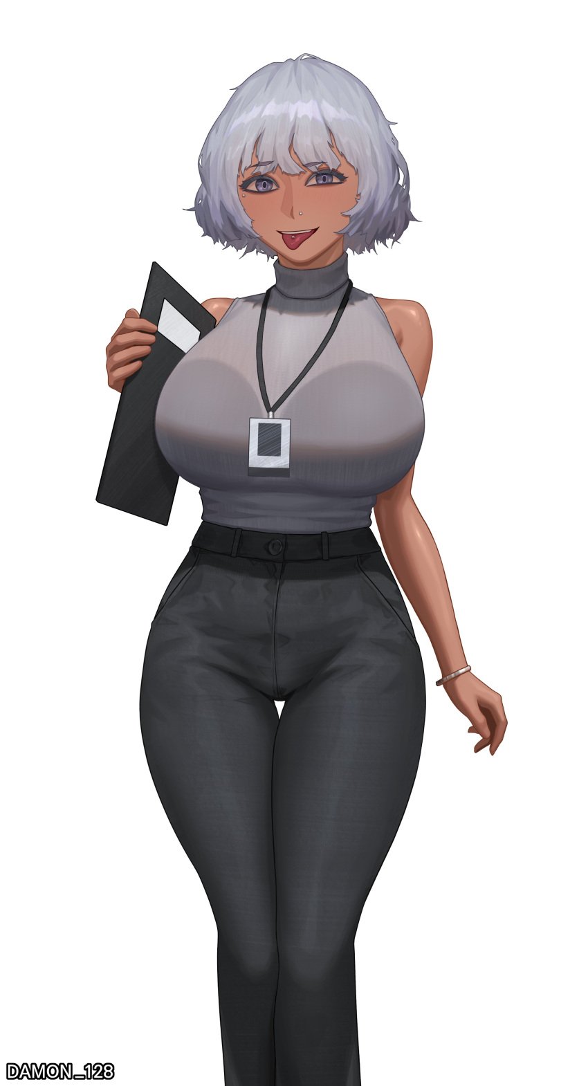 bangle cheek_piercing damon_(artist) eyeshadow fully_clothed holding_object jeans makeup nose_piercing piercing simple_background thigh_gap tight_clothing tight_jeans tongue tongue_out tongue_piercing turtleneck white_background white_hair