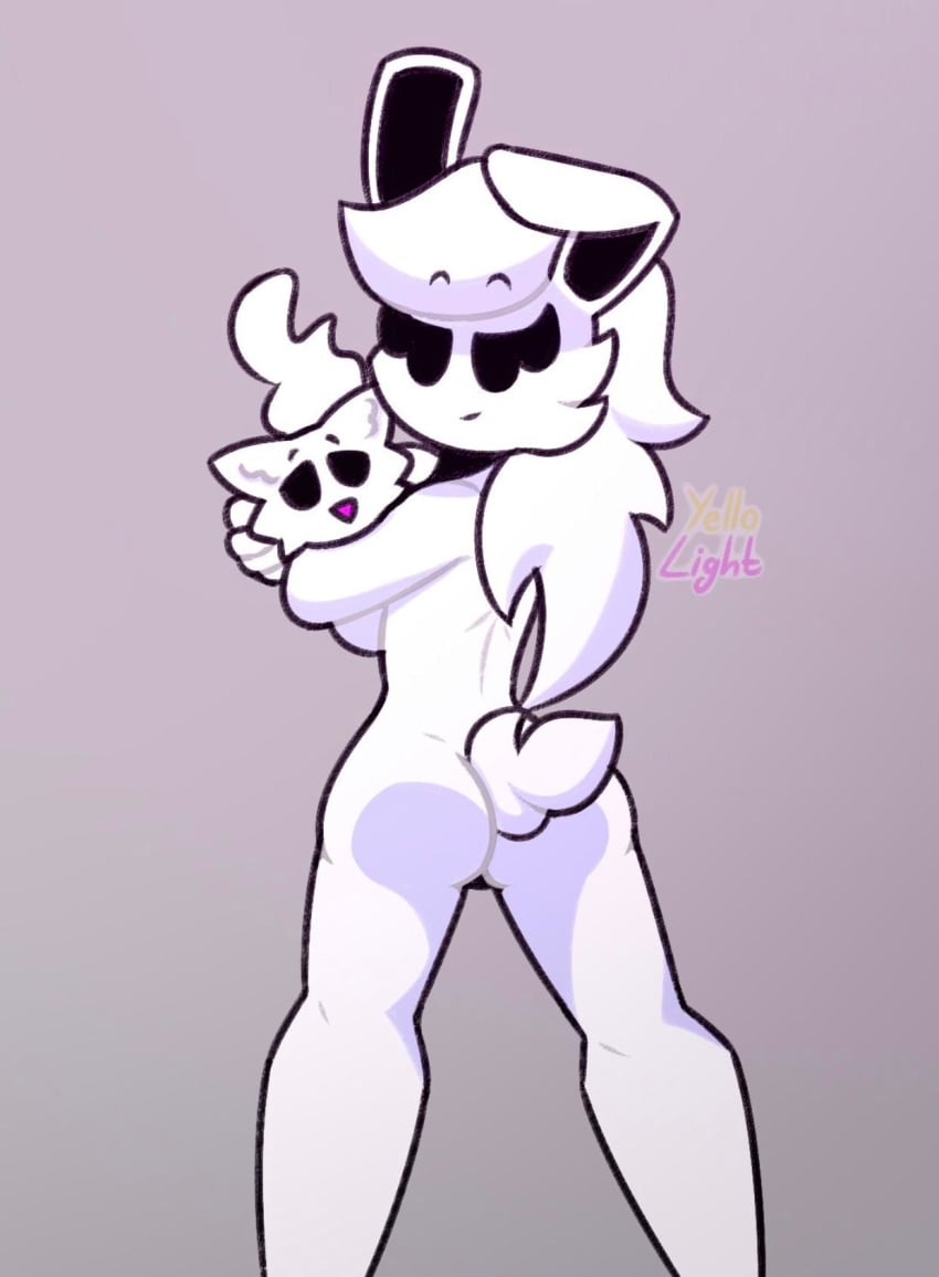 1girl 1girls anthro artist_logo artist_name artist_signature ass butt cat_ears cat_tail cube_459_(geometry_dash) eyelashes facing_viewer feline female femgram fluffy fluffy_face fluffy_fur furry furry_ears furry_female furry_tail geometry_dash hair head_turned holding_animal holding_cat long_hair long_hair_female looking_at_viewer rabbit_ears rabbit_humanoid rabbit_tail staring_at_viewer tail white_fur yellolight