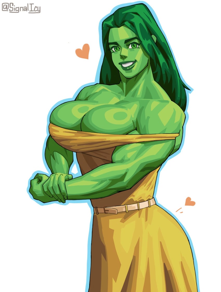 1girls bare_shoulders big_breasts busty cleavage dress flexing green_eyes green_hair green_skin heart hulk_(series) marvel marvel_comics muscular muscular_female signalicy white_background yellow_dress