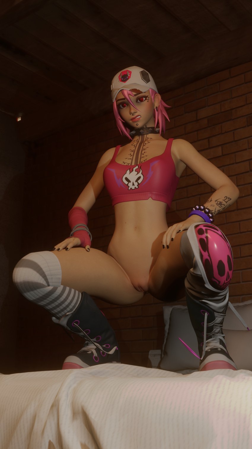 alternate_color bed black_hair dusty_(fortnite) female fortnite fortnite:_battle_royale green_eyes holding_penis looking_at_viewer on penis pink_hair pink_tank_top red_eyes standing standing_on_bed staring_at_viewer tank_top vagina