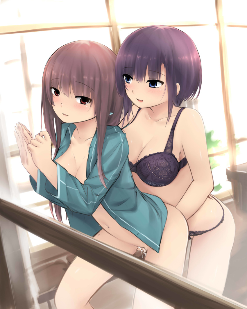 2girls absurdres bare_shoulders blue_eyes blush bra breasts brown_eyes brown_hair cleavage female fingering highres kopianget long_hair multiple_girls navel no_bra no_panties open_clothes open_shirt original panties parted_lips purple_hair pussy_juice smile underwear yuri