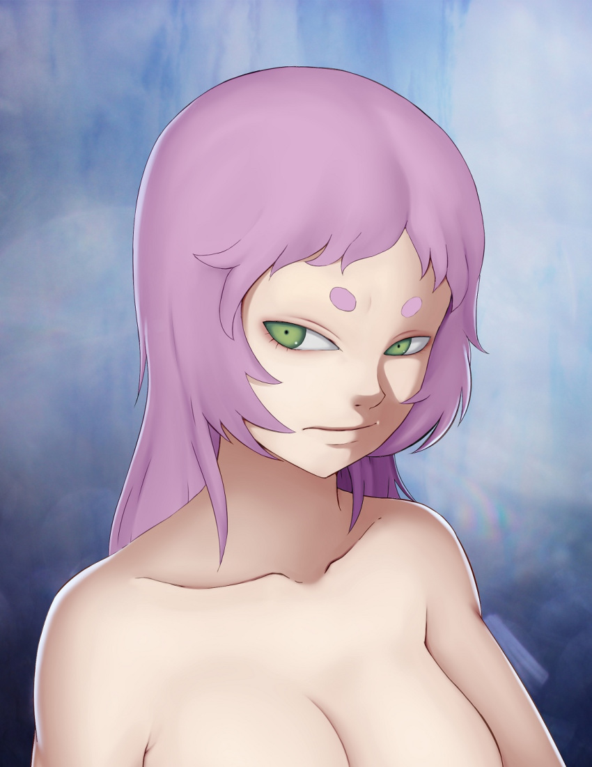 1girls azick_(artist) big_breasts breasts female green_eyes hair kakuyoku_fubuki long_hair naruto naruto_(classic) nude purple_hair shiny shiny_skin solo tagme