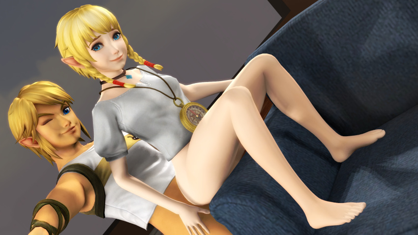 1boy 1girls almightybeastoverlord barefoot blonde_hair blue_eyes bottomless feet happy hyrule_warriors legs link link_(hyrule_warriors) linkle nintendo postman_(twilight_princess)_(cosplay) postman_link source_filmmaker the_legend_of_zelda