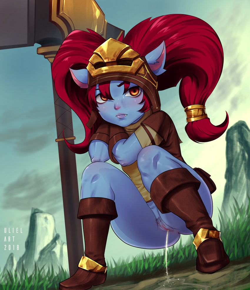 blacksmith_poppy blush hammer highres league_of_legends medieval_series peeing poppy puddle red_eyes red_hair riot_games shortstack squatting twintails uliel yordle