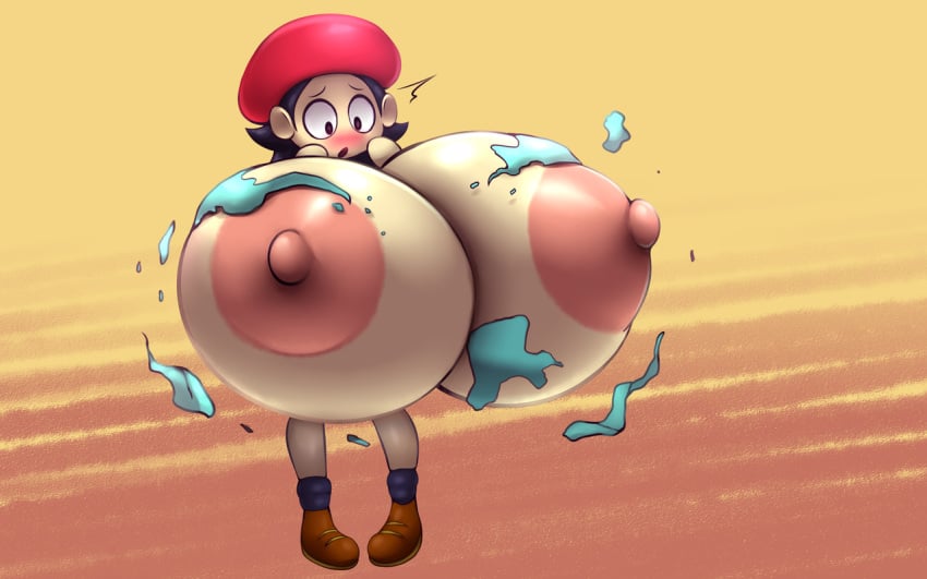 1girls adeleine areolae big_breasts black_eyes black_hair blush breast_expansion breast_growth bursting_breasts female_only hat huge_breasts human hyper hyper_breasts kirby_(series) kirby_64 kirby_64:_the_crystal_shards large_breasts metachoke nintendo nipples open_mouth shoes short_hair standing surprised torn_clothes yellow_background