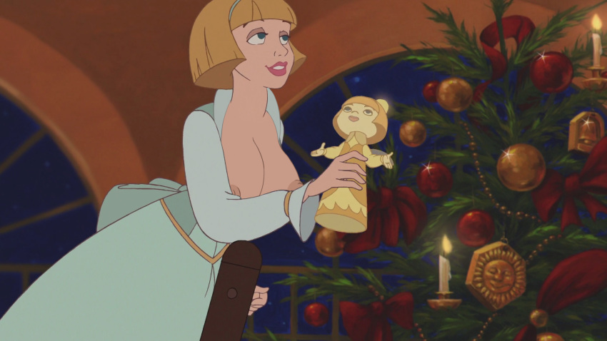 angelique_(beauty_and_the_beast) beauty_and_the_beast:_the_enchanted_christmas beauty_and_the_beast_(1991_film) big_breasts blonde_hair blue_eyes breasts breasts_out christmas christmas_tree disney dress edit female female_only human lipstick nipples poivoit screenshot screenshot_edit short_hair smile teeth window