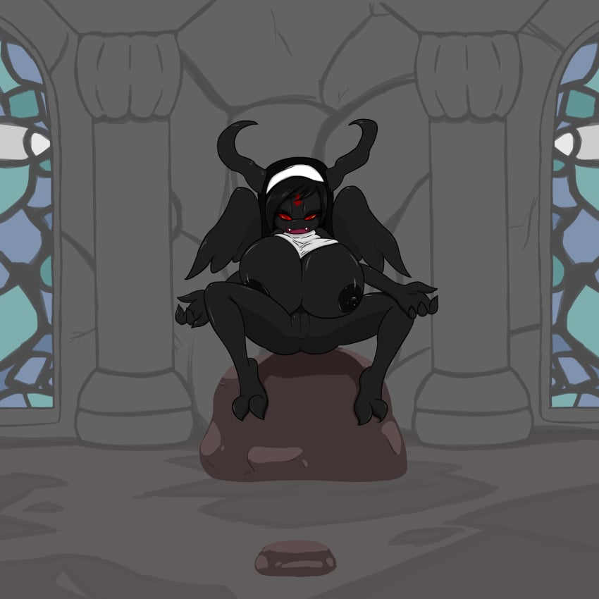 1girls angelthecatgirl black_nipples black_skin breasts demon_girl eve_(the_binding_of_isaac) fangs female female_only hooves horn horns legs_apart meditating mouth_open nun pussy red_eyes the_binding_of_isaac whore_of_babylon wings