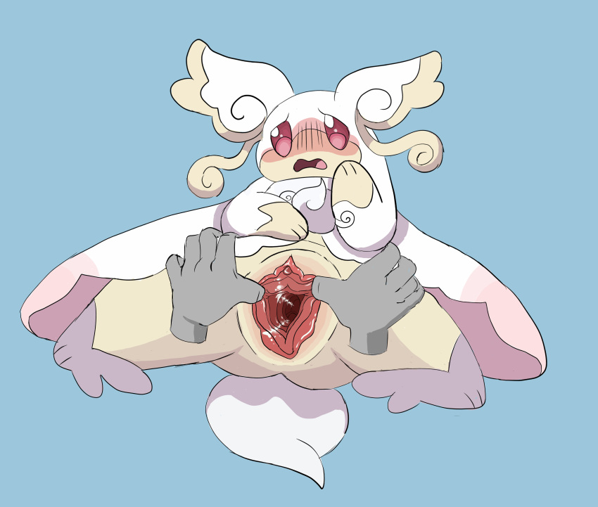 2018 audino blush bork clitoris digital_media_(artwork) disembodied_hand embarrassed feral gaping hi_res mega_audino mega_evolution nintendo open_mouth pink_eyes pokémon_(species) pokemon pokemon_mystery_dungeon presenting presenting_pussy pussy pussy_juice red_eyes simple_background spread_legs spread_pussy spreading video_games