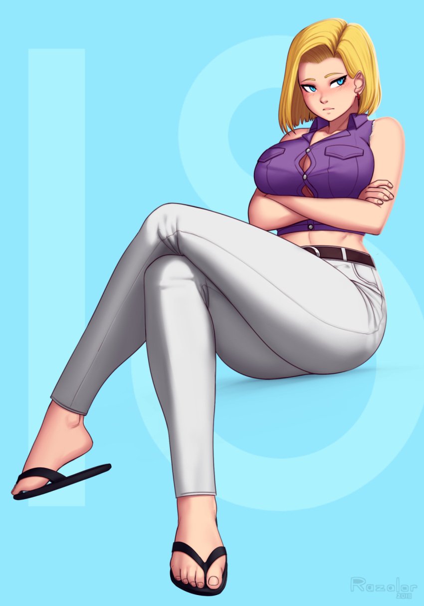 1girls android_18 ass blonde_hair blue_eyes blush breasts cleavage clothed crossed_arms dragon_ball earrings female female_only flip_flops legs_crossed milf navel razalor sandals short_hair sitting solo thick_thighs tight_clothing