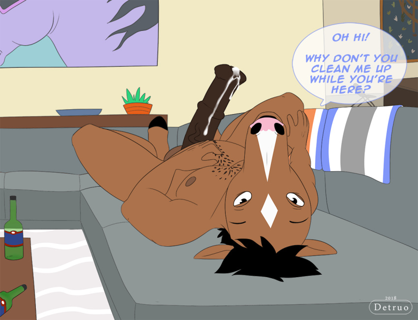 ! 2018 5_fingers ? animal_genitalia animal_penis anthro balls big_penis black_hair body_hair bojack_horseman bojack_horseman_(character) bottle brown_fur brown_nipples brown_penis chest_hair cum cum_drip cum_on_penis detruo dialogue dripping english_text equine equine_penis erection fur hair hand_on_stomach hand_on_thigh hooves horse horsecock humanoid_hands inside looking_at_viewer lying male male_only mammal nipples nude on_back penis snout sofa solo speech_bubble talking_to_viewer text vein veiny_penis