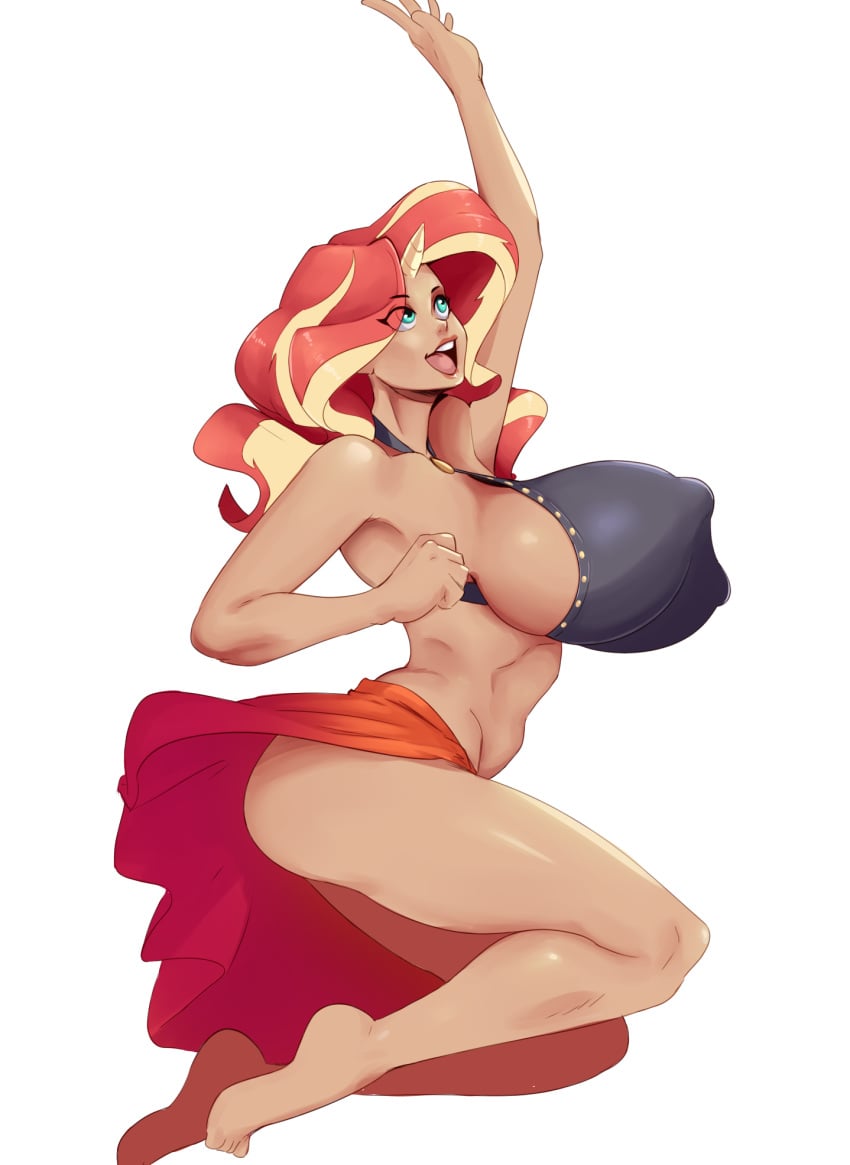 ass big_nipples bottomless bottomless_skirt breasts breasts_bigger_than_head cleavage equestria_girls erect_nipples female female_only friendship_is_magic huge_breasts human humanized my_little_pony nipple_bulge no_bra open_mouth skirt skirt_aside solo sunnysundown sunset_shimmer swimsuit swimsuit_skirt