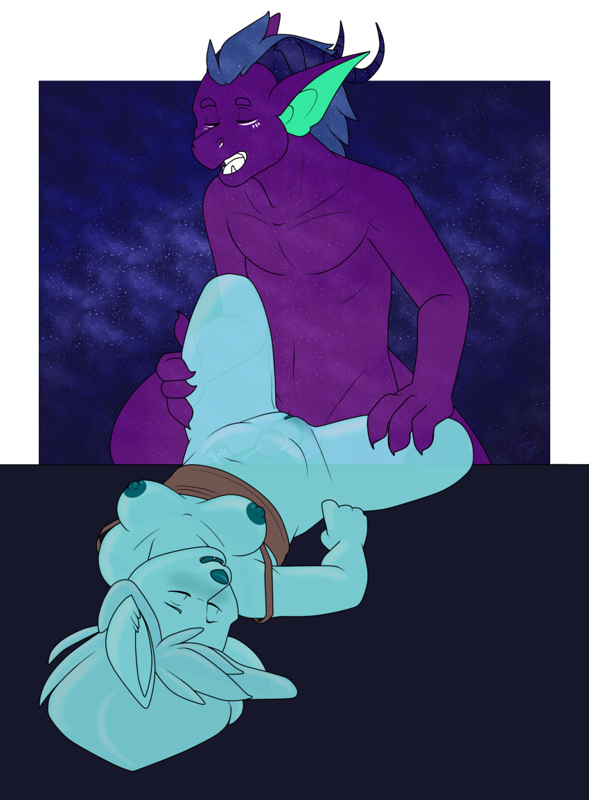2018 balls blue_body blue_hair bottomless breasts canine clitoral_hood closed_eyes clothed clothing cum cum_in_pussy cum_inside dragon female fox hair horn lying male mammal nude on_back os penetration penis purple_body pussy sex shirt_down spread_legs spreading standing straight table_lotus_position translucent_body vaginal_penetration
