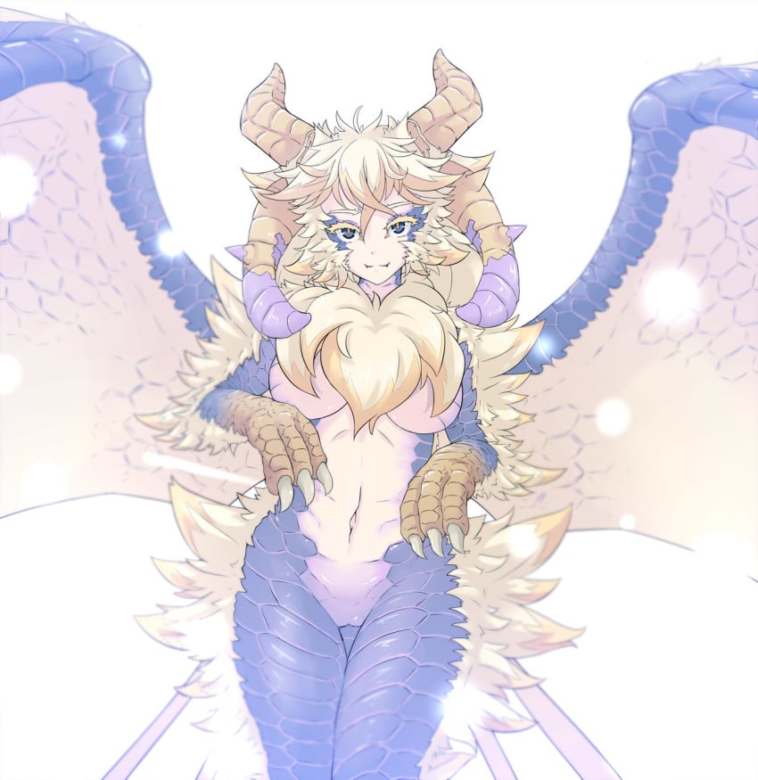 2017 animal_humanoid black_eyes blonde_hair blue_scales breasts capcom claws dragon_humanoid dunceneygak elder_dragon female hair hi_res horn humanoid looking_at_viewer makili_pietru monster_hunter no_humans nude pussy scales simple_background solo standing video_games white_background wings yellow_scales