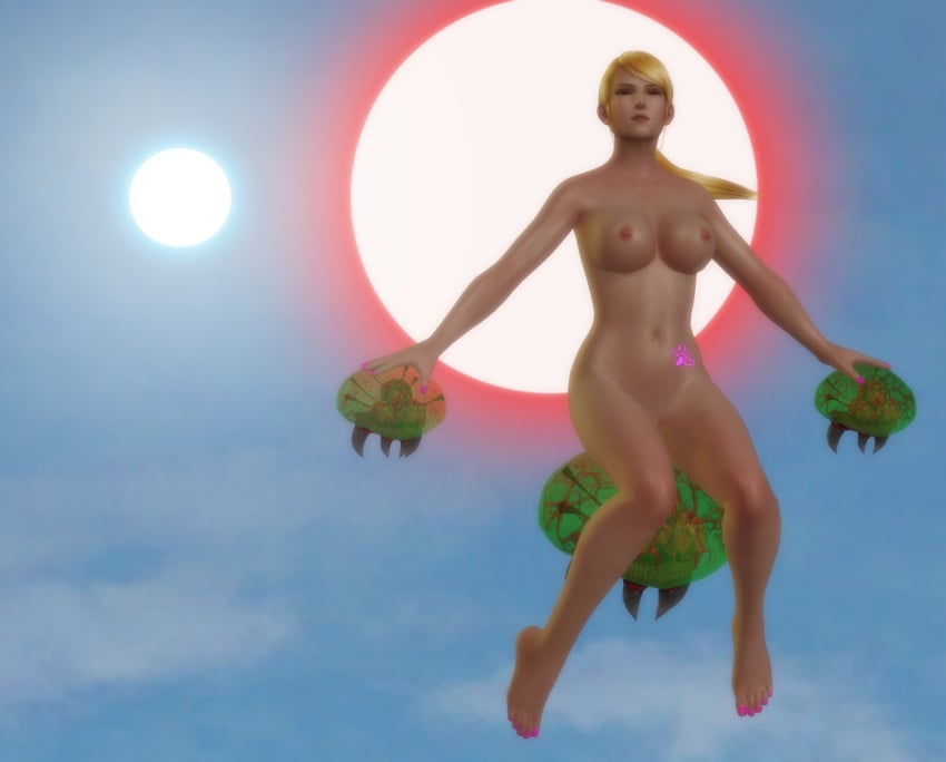 3d blonde_hair breasts closed_eyes female jc-starstorm metroid metroid_(creature) navel nintendo nude ponytail pussy riding samus_aran