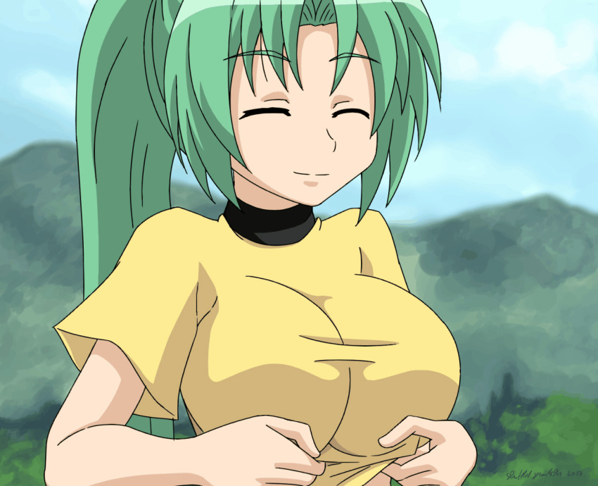 07th_expansion 1girls animated breasts female_only flashing green_hair higurashi_no_naku_koro_ni huge_breasts mion_sonozaki screencap shirt shuffledyandere titty_drop