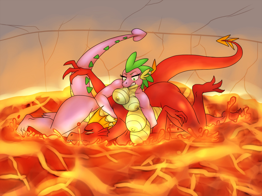 2018 4:3 anthro barb_(mlp) barely_visible_genitalia big_breasts breast_size_difference breasts clenched_teeth closed_eyes dragon duo female friendship_is_magic garble_(mlp) green_eyes hi_res lava lurkingtyger my_little_pony nipples nude pussy rule_63 smooth_skin spade_tail spike_(mlp) subtle_pussy teeth two_tone_body volcanic_setting wrestling